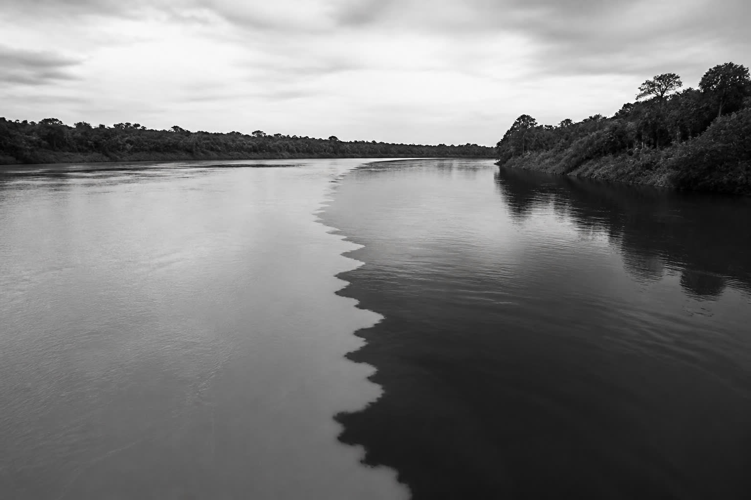 Black-and-white confluence of two rivers that have not mixed