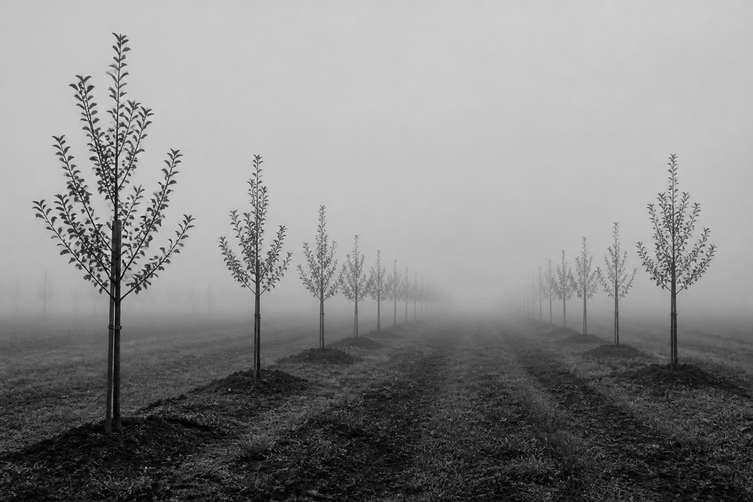 Black-and-white young orchard rows receding into fog