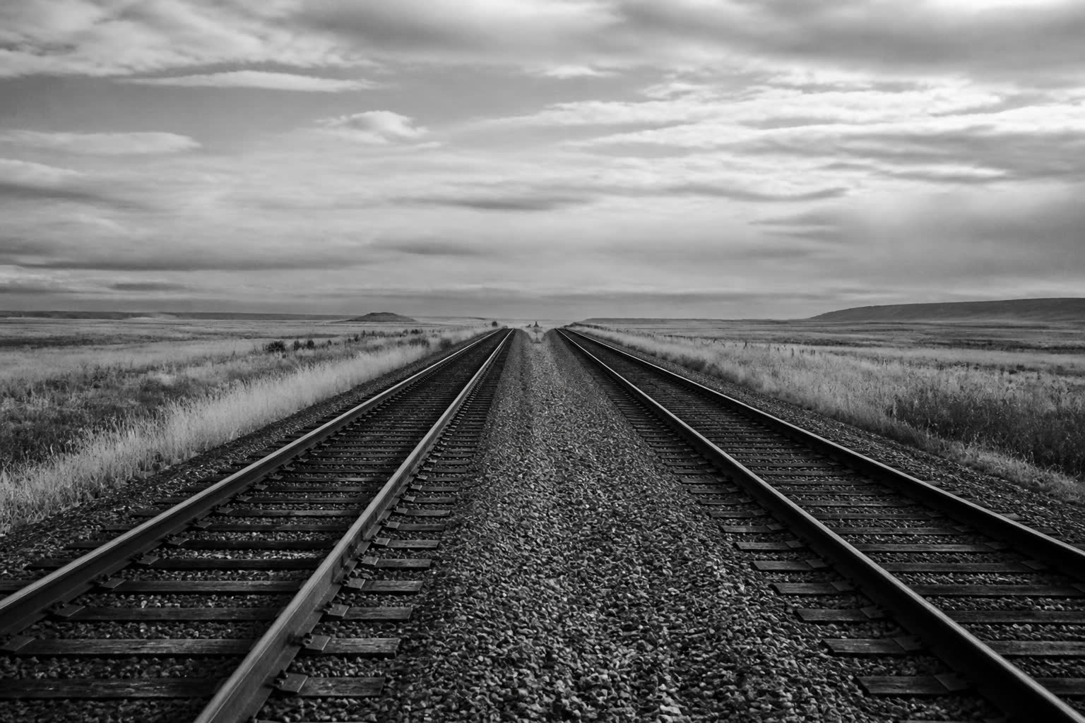 Black-and-white parallel railroad tracks receding across an open plain
