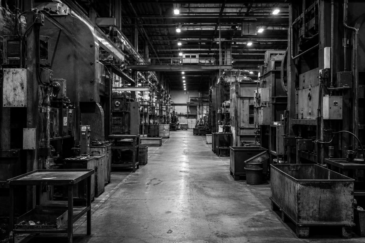 Black-and-white factory aisle between heavy machinery, no people