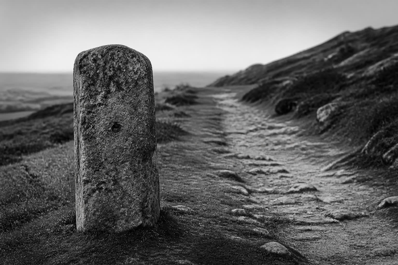 Black-and-white weathered stone marker beside a worn hillside path