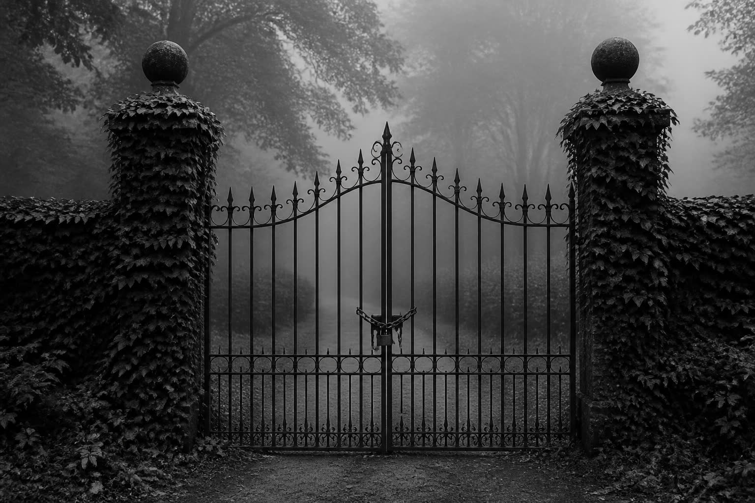 Black-and-white locked iron gate in fog, path beyond obscured