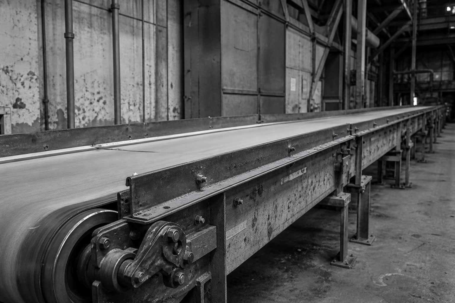 Black-and-white empty industrial conveyor receding down a factory aisle