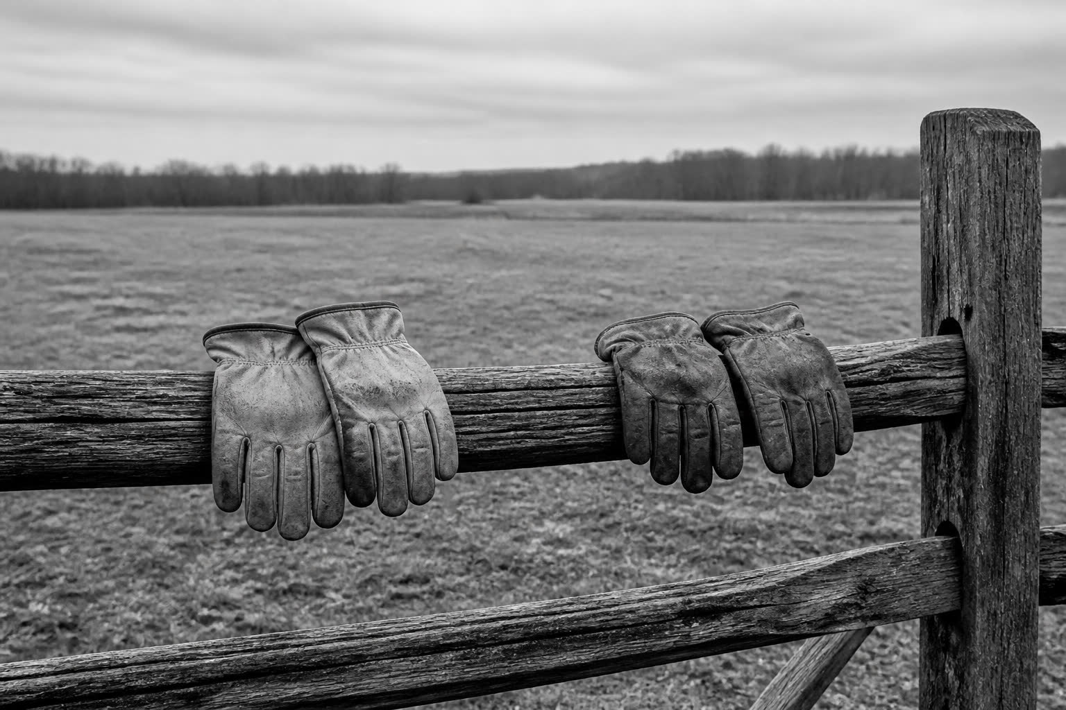 Black-and-white two pairs of work gloves hanging on a split-rail fence