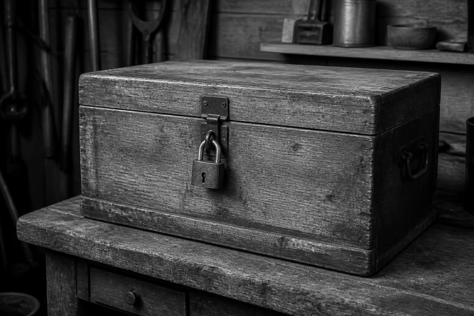 Black-and-white padlocked wooden chest on a workshop bench