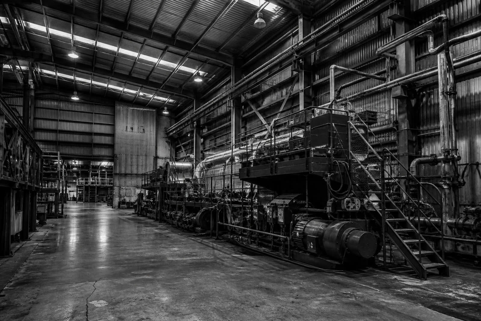 B&W factory aisle